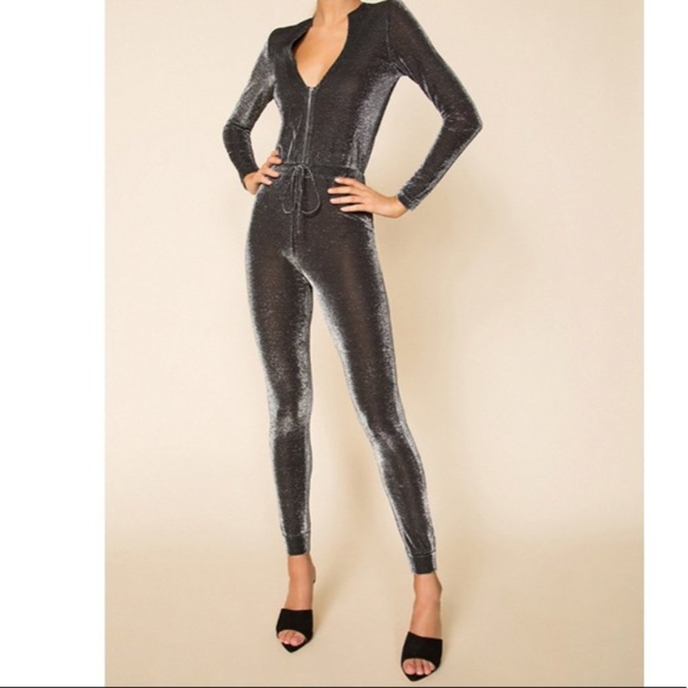 NEW Superdown Sofie Jumpsuit Glitter Metallic Silver